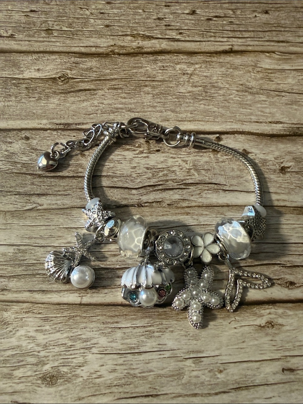 Silver Charm Bracelet with Ocean Seashell, Starfish Pearl Charms Stainless Steel